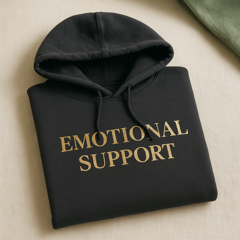 Emotional Support Hoodie — black hoodie with gold lettering